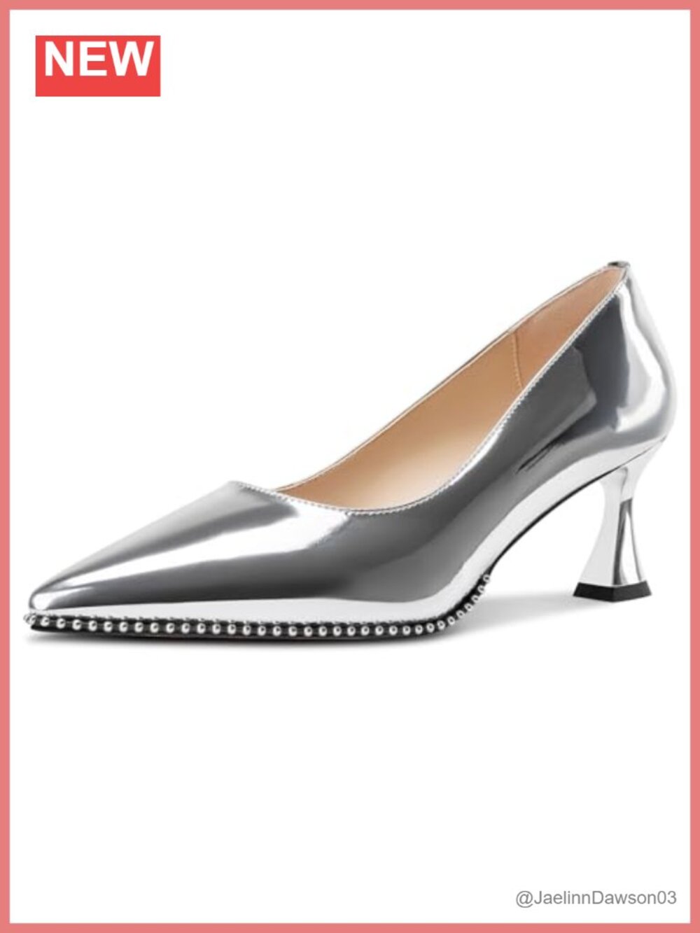 Silver Beaded Kitten Heel Pointed Toe Pumps Patent Leather Slip-On Party Shoes